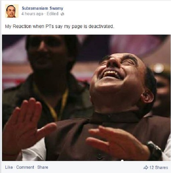 LOL! Facebook Simply Removed Public Subramanian Swamy Accounts As opposed to the Parody.
