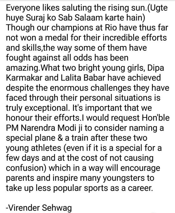Sehwag Strange Request To PM Modi To Honour Olympians Dipa and Lalita Has Left Us Confused