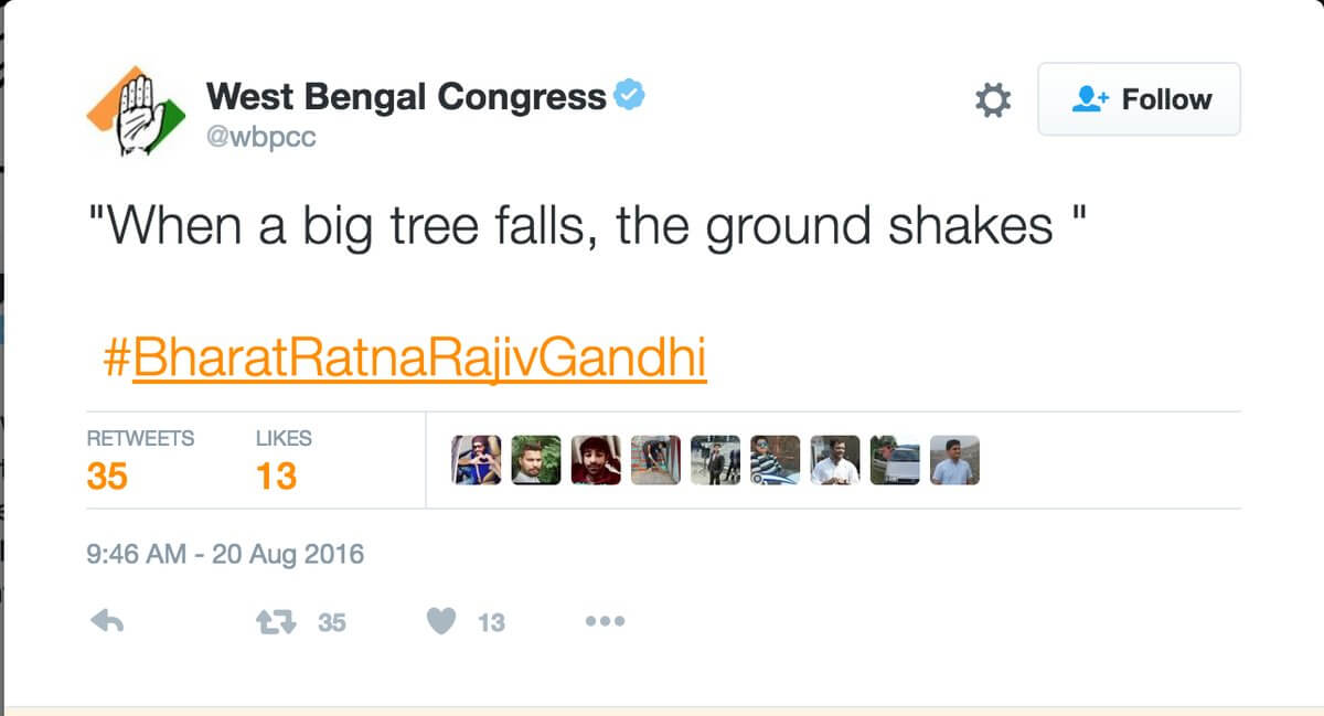 West Bengal Congress Remembers Rajiv Gandhi With His Most Infamous Quote On 1984 Riots