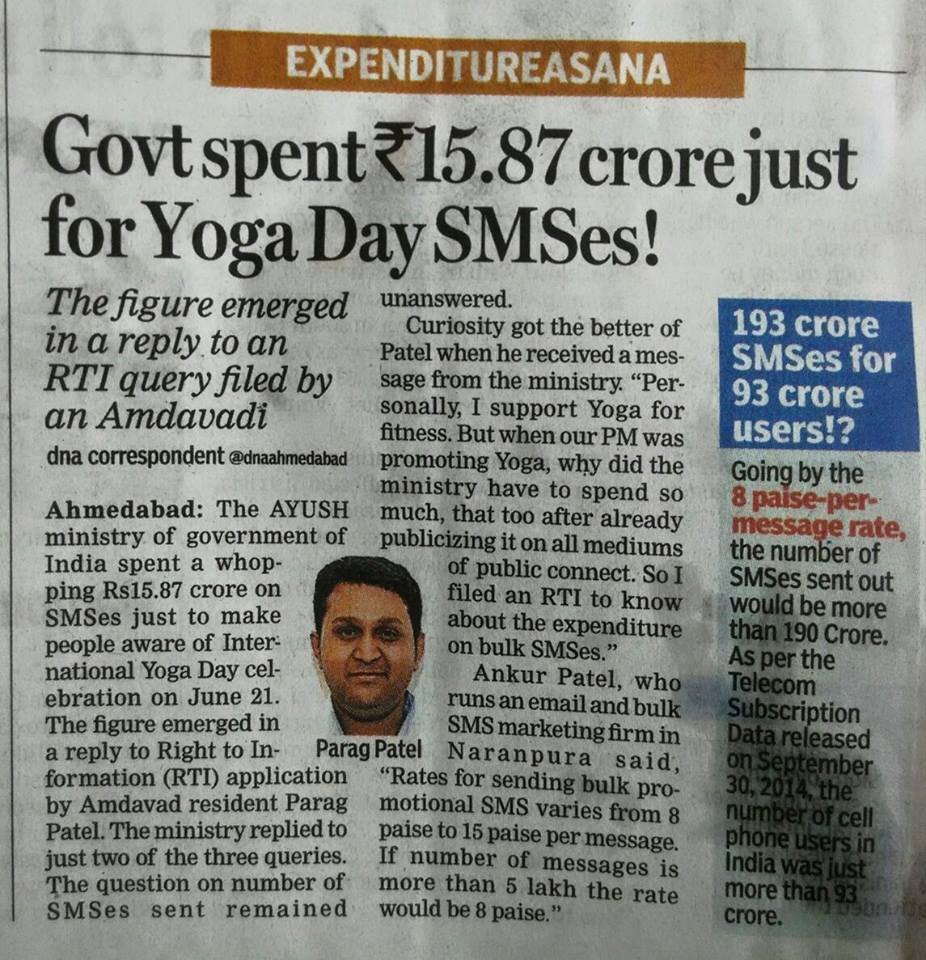 RTI Query Reveals Govt. Spent A Whopping Rs 15.87 Crore On Yoga Day SMSes!