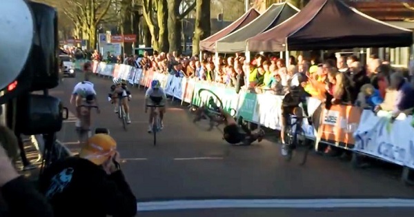 Cyclist Falls Right Before Crossing Finish Line As A Spectator Grabs The Wheel